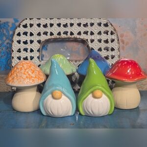 Colorful Ceramic Gnomes and Mushrooms, Set Of 6